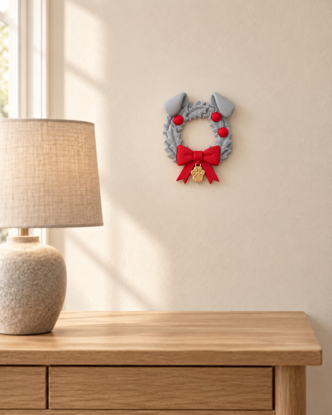 Dog Christmas Wreath in a calm, softly lit interior, shown at true scale