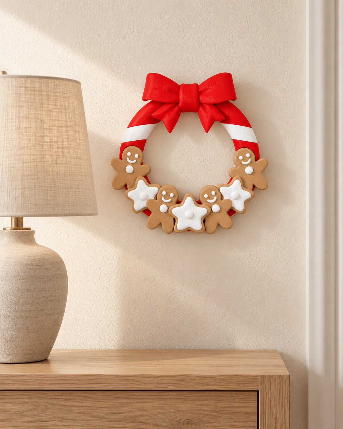 Gingerbread Christmas Wreath in a calm, softly lit interior, shown at true scale