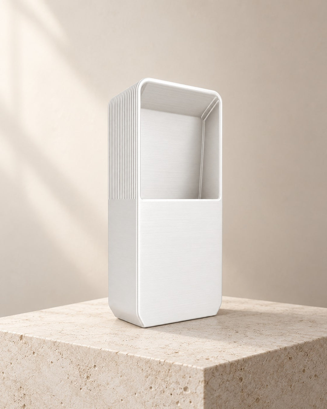 Pocket Headphone Stand: White PETG stand with an open pocket for a phone or pens