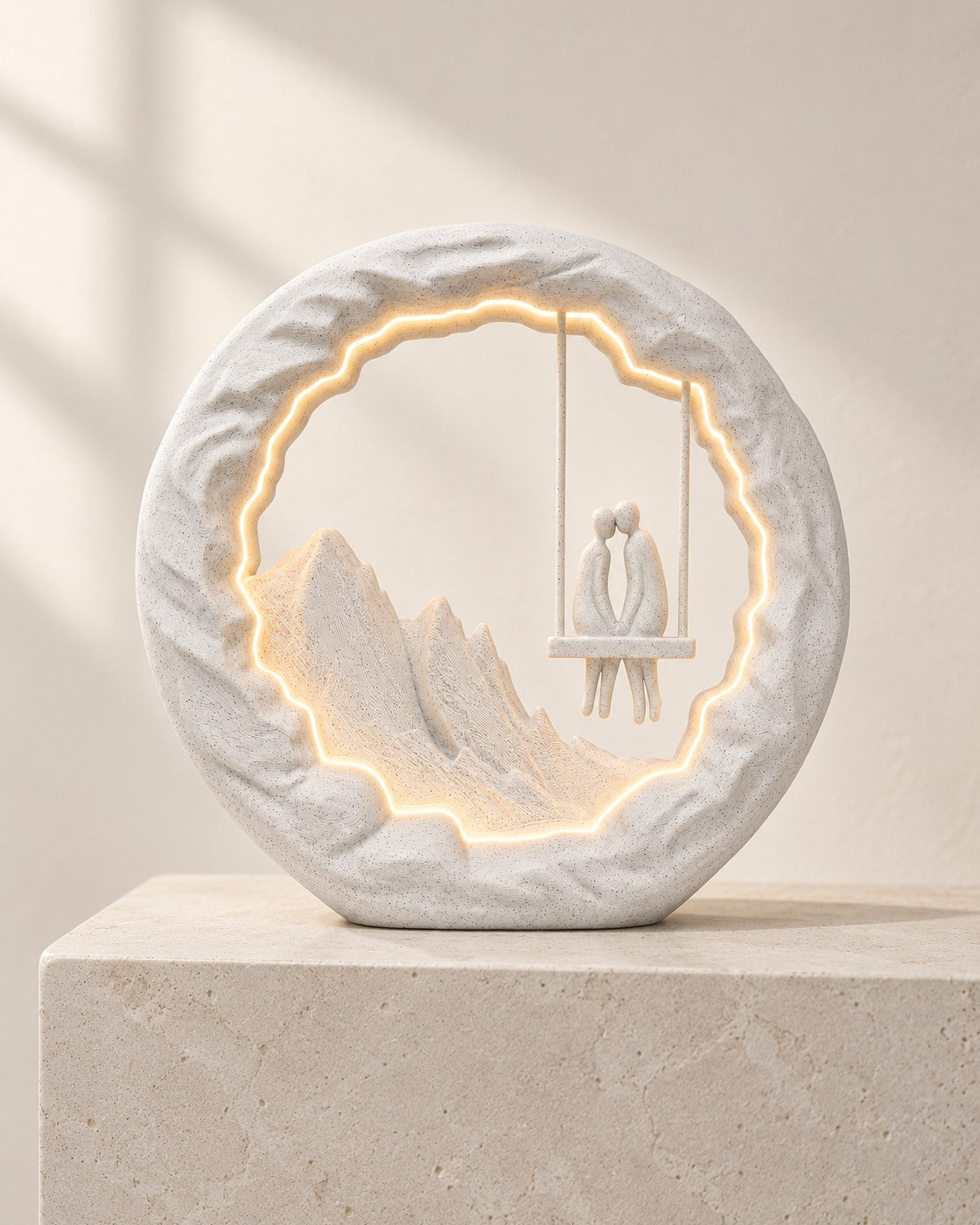 Swing for Two Couple Lamp on a pale limestone plinth, soft studio light