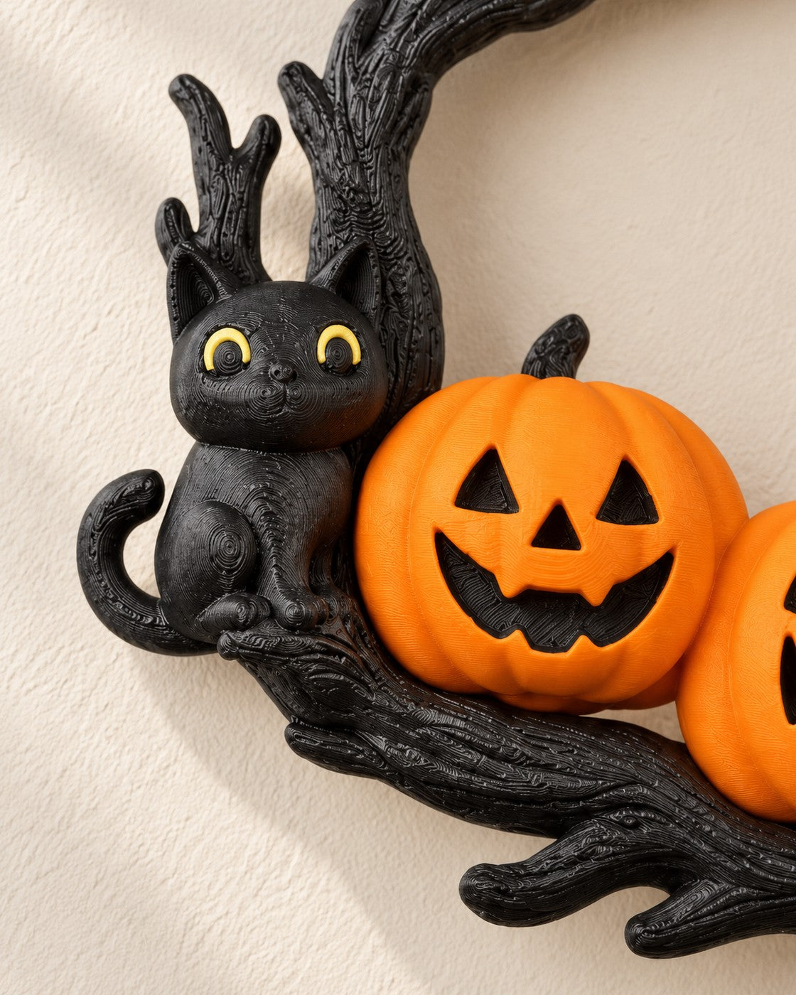 Close-up of the Cat Halloween Wreath showing fine printed layer lines
