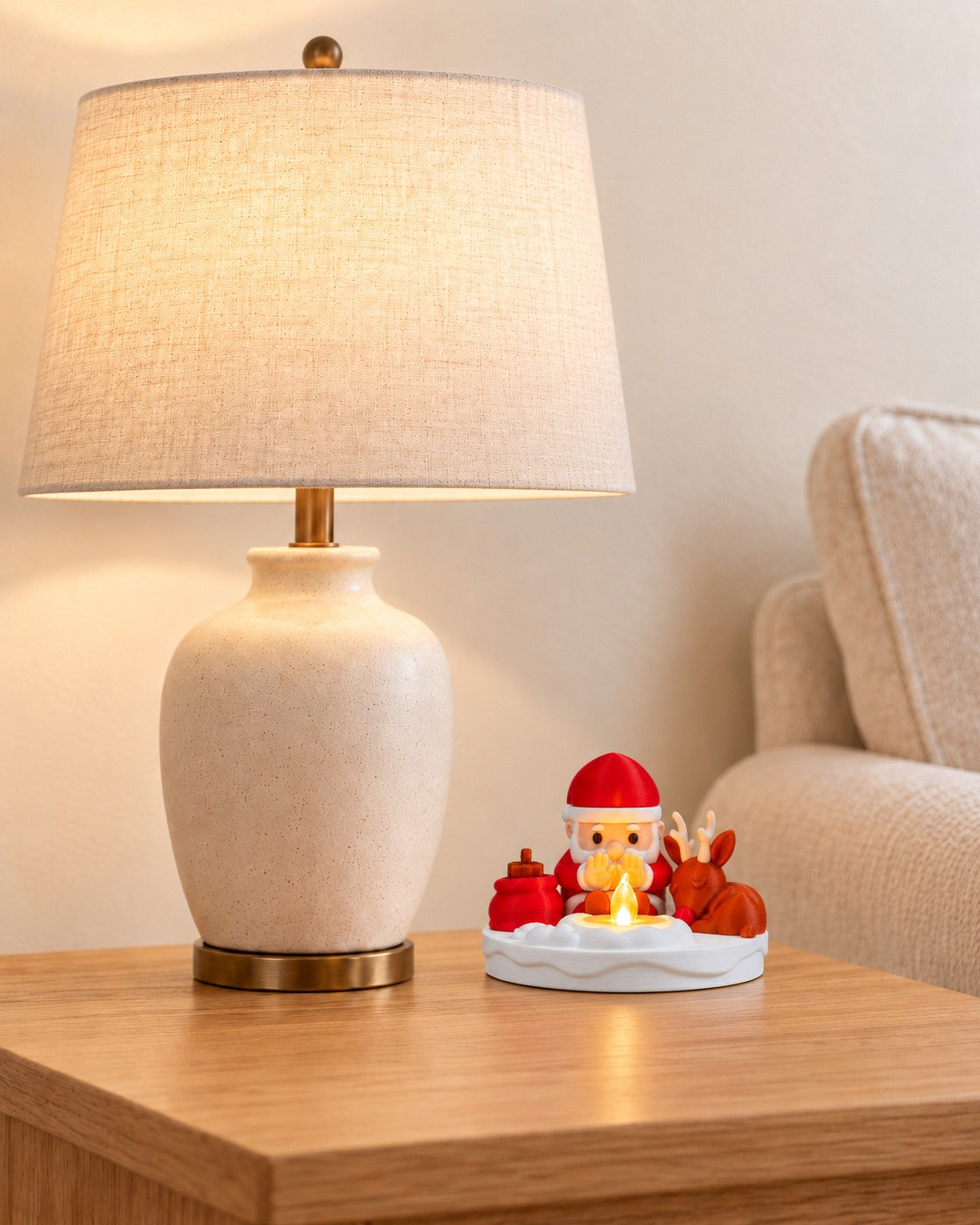Santa Bonfire Decoration in a calm, softly lit interior, shown at true scale