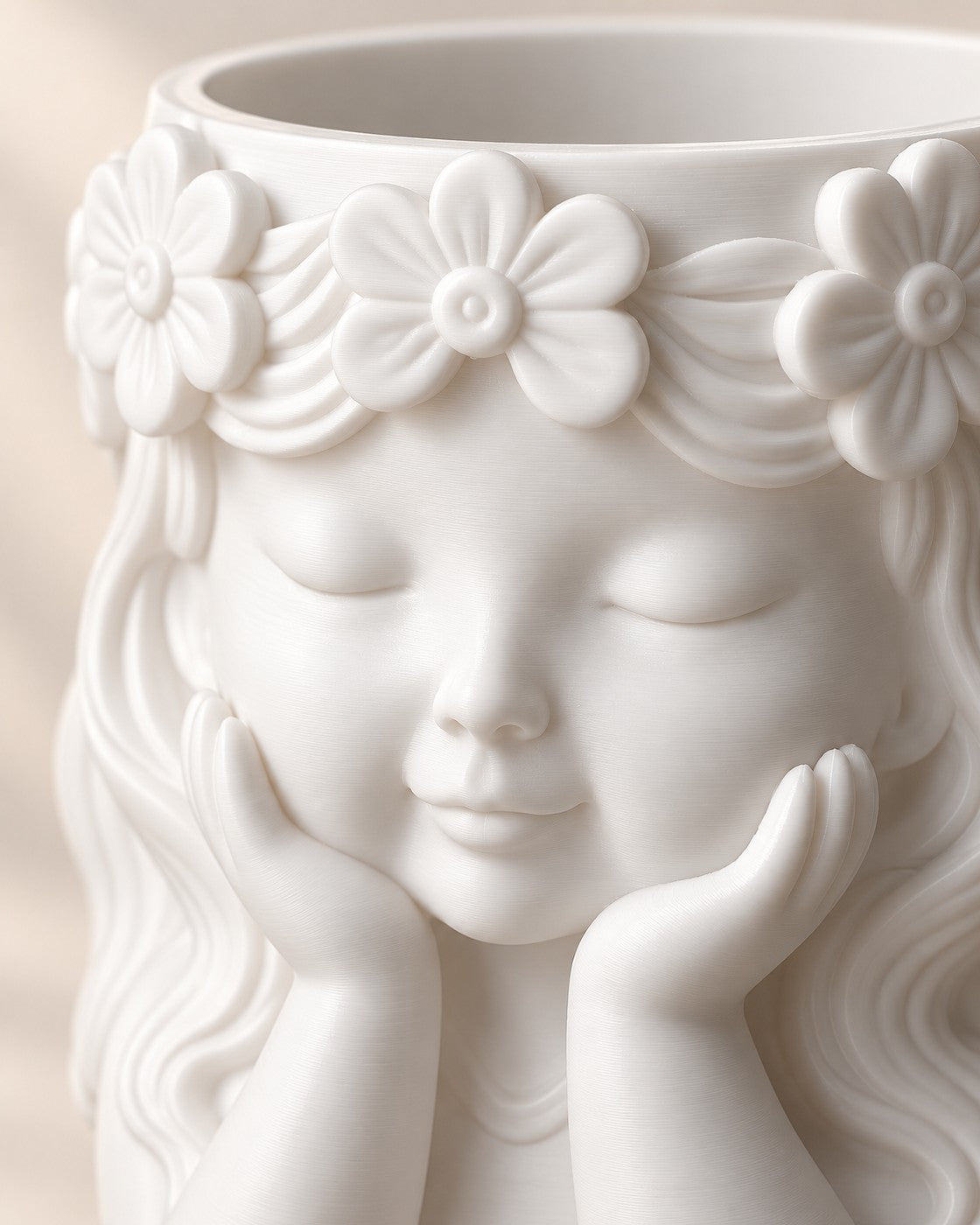 Close-up of the Sculpted Face Vase showing fine printed layer lines