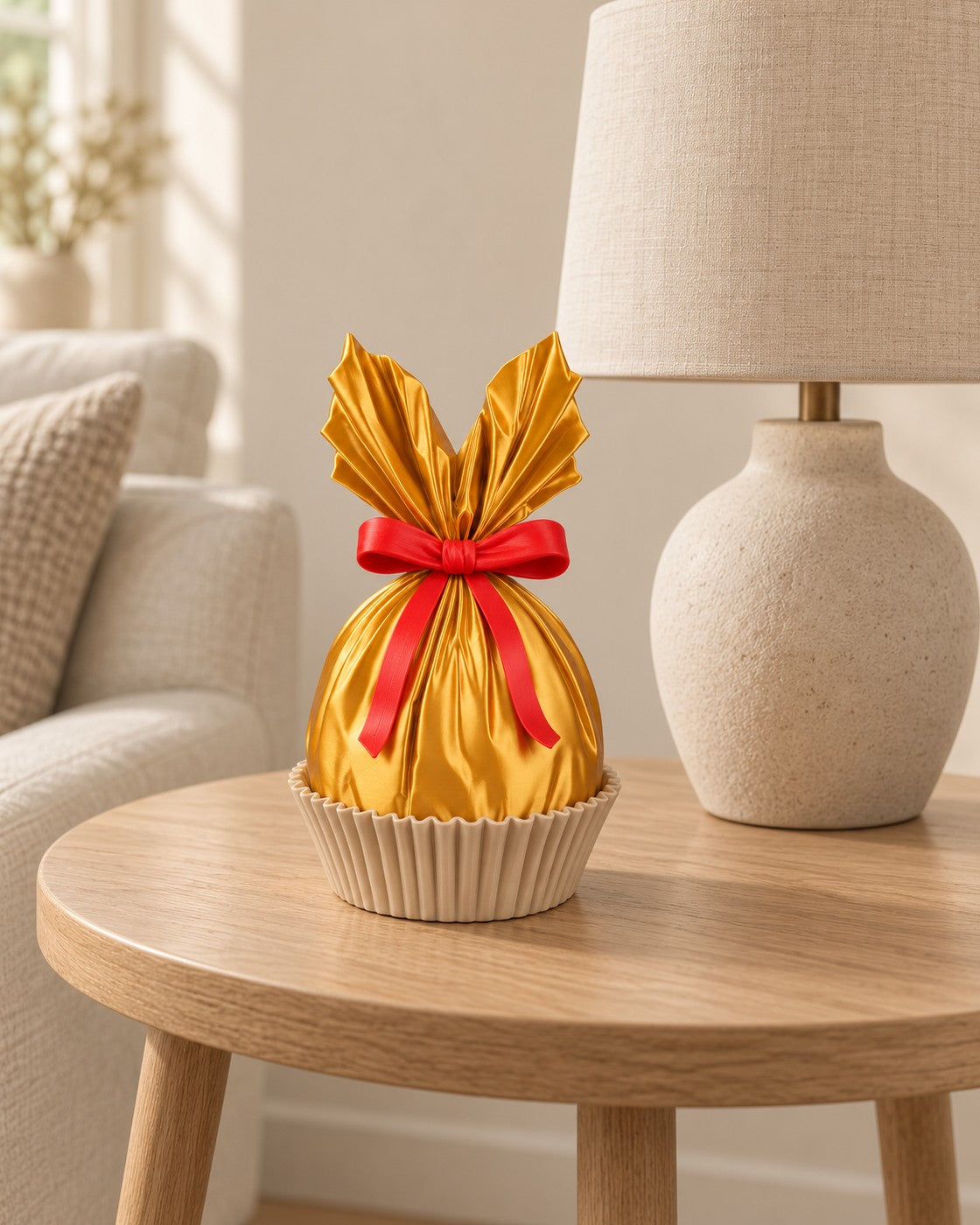 Gold Wrapped Treat Dish in a calm, softly lit interior, shown at true scale