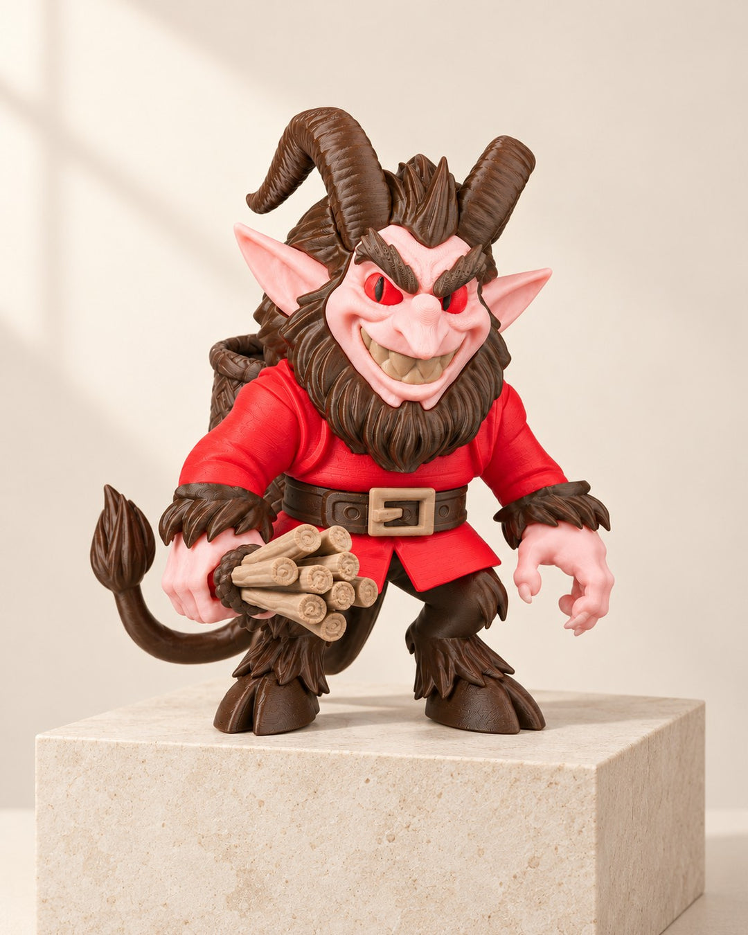 Krampus Figurine: Horned folklore figure in a red coat, with a woven basket and a birch bundle