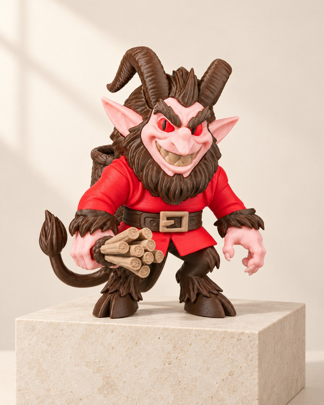 Krampus Figurine on a pale limestone plinth, soft studio light