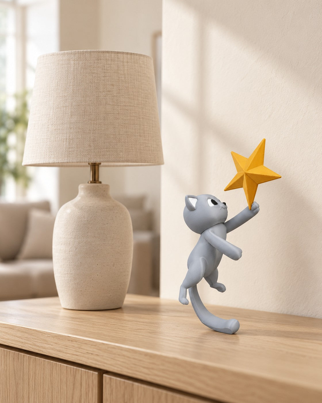 Cat Christmas Tree Topper in a calm, softly lit interior, shown at true scale