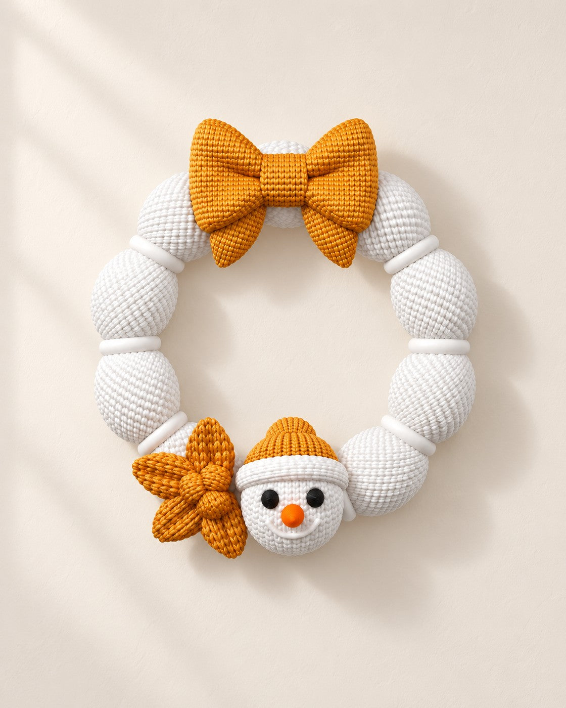 Knitted-Look Snowman Wreath on a pale limestone plinth, soft studio light