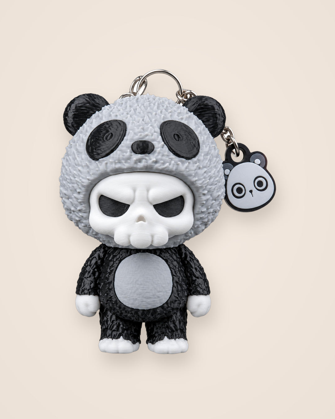 Panda Skull Charm: Grey and black character keyring with chain and panda tag