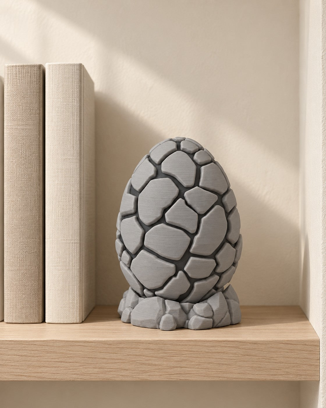 Stone Dragon Egg in a calm, softly lit interior, shown at true scale