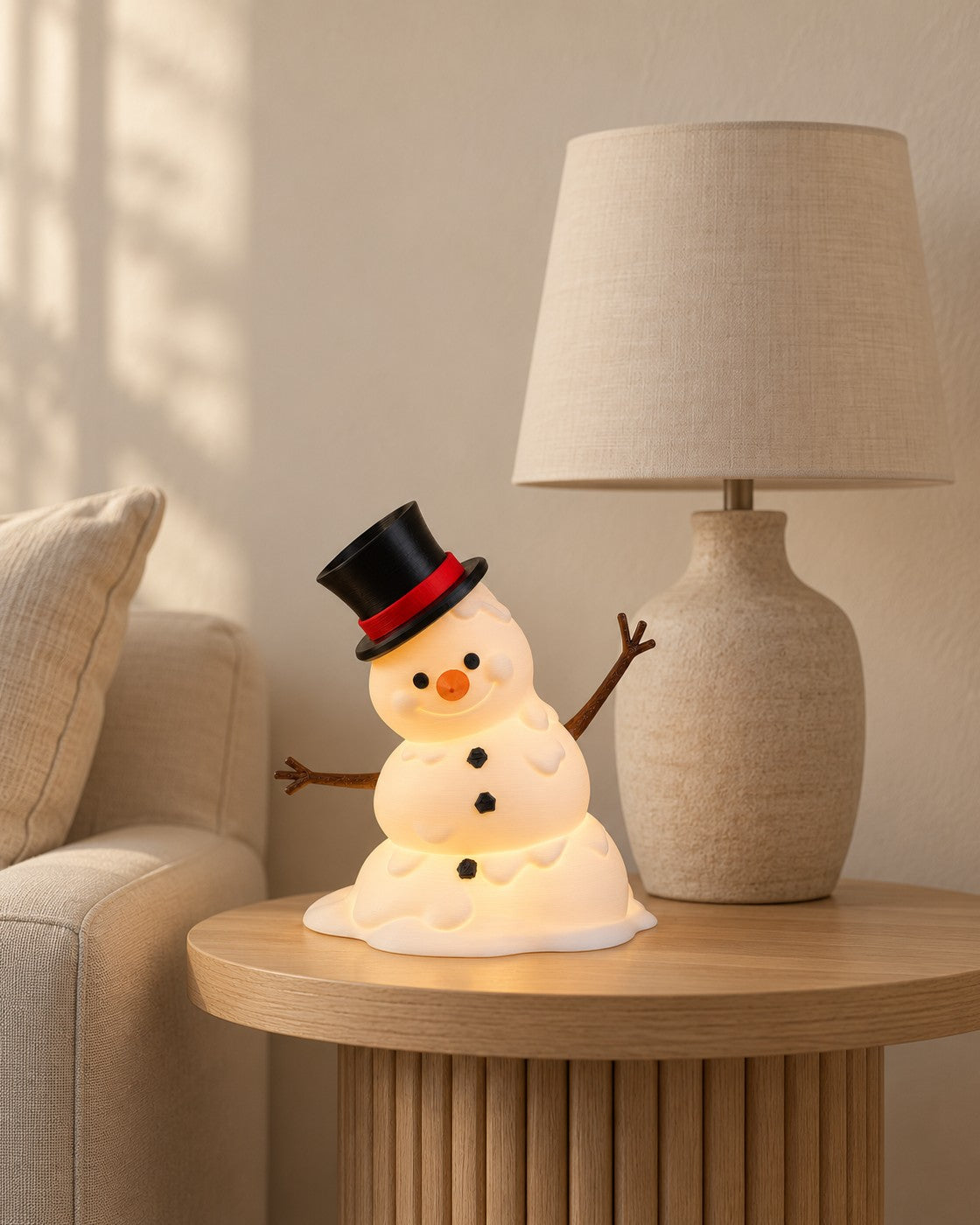 Melting Snowman Lamp in a calm, softly lit interior, shown at true scale