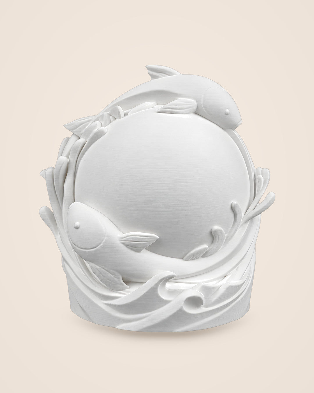 Twin Fish Orb Lamp: Two sculpted fish around a softly glowing frosted sphere