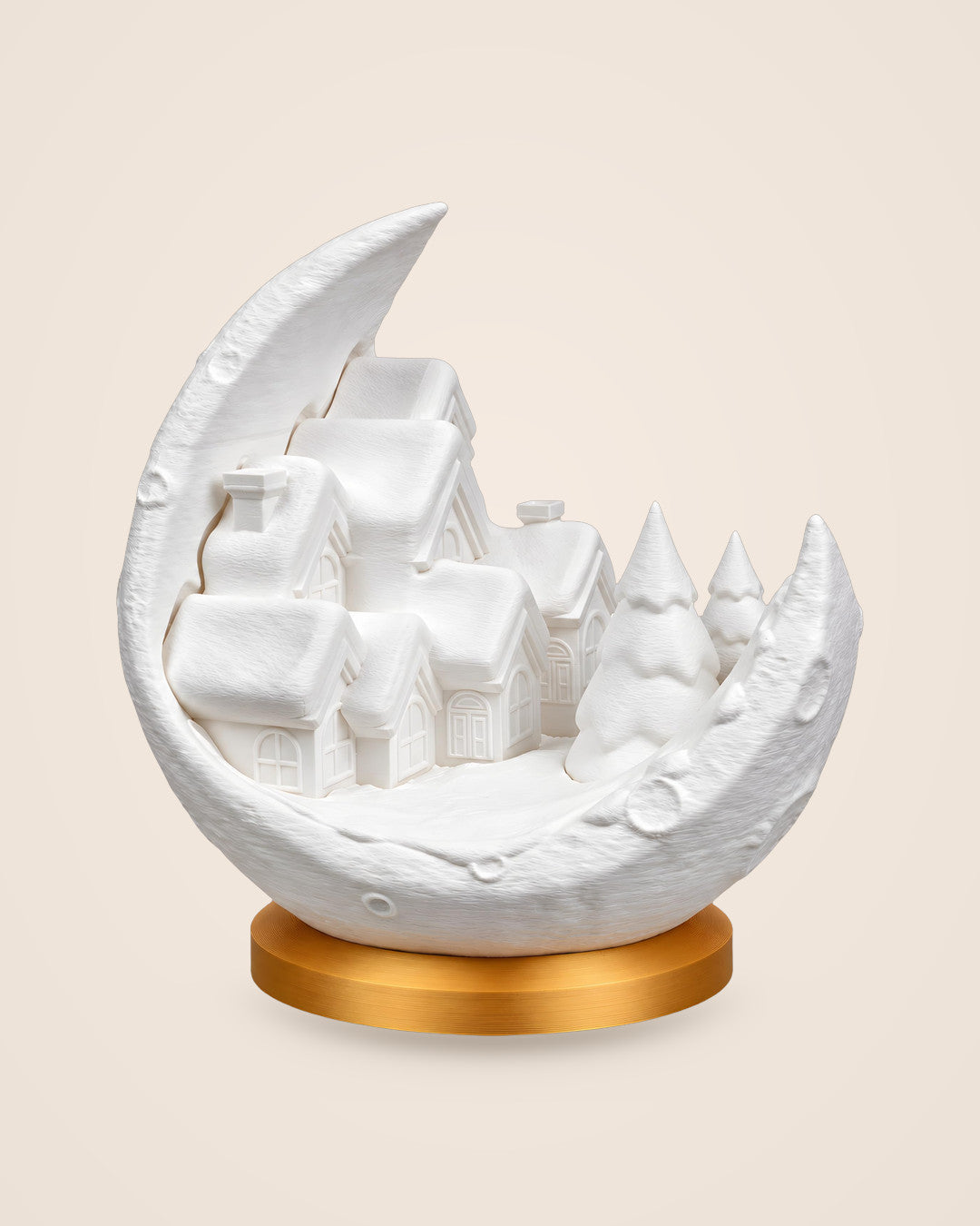 Moon Village Lamp: Snow-dusted village inside a crescent moon, lit by a battery tealight