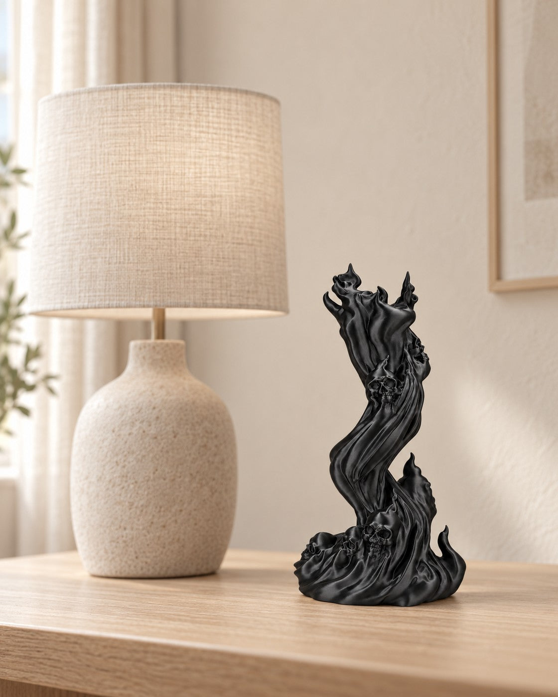 Flaming Skull Headphone Stand in a calm, softly lit interior, shown at true scale