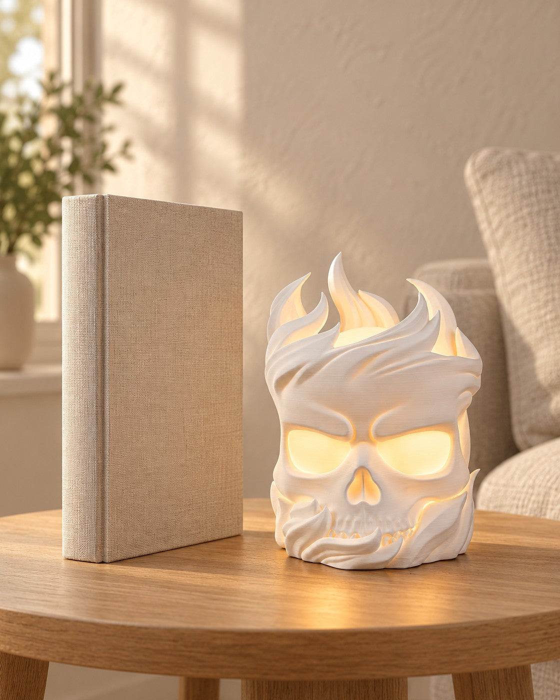 Ember Skull Lamp in a calm, softly lit interior, shown at true scale