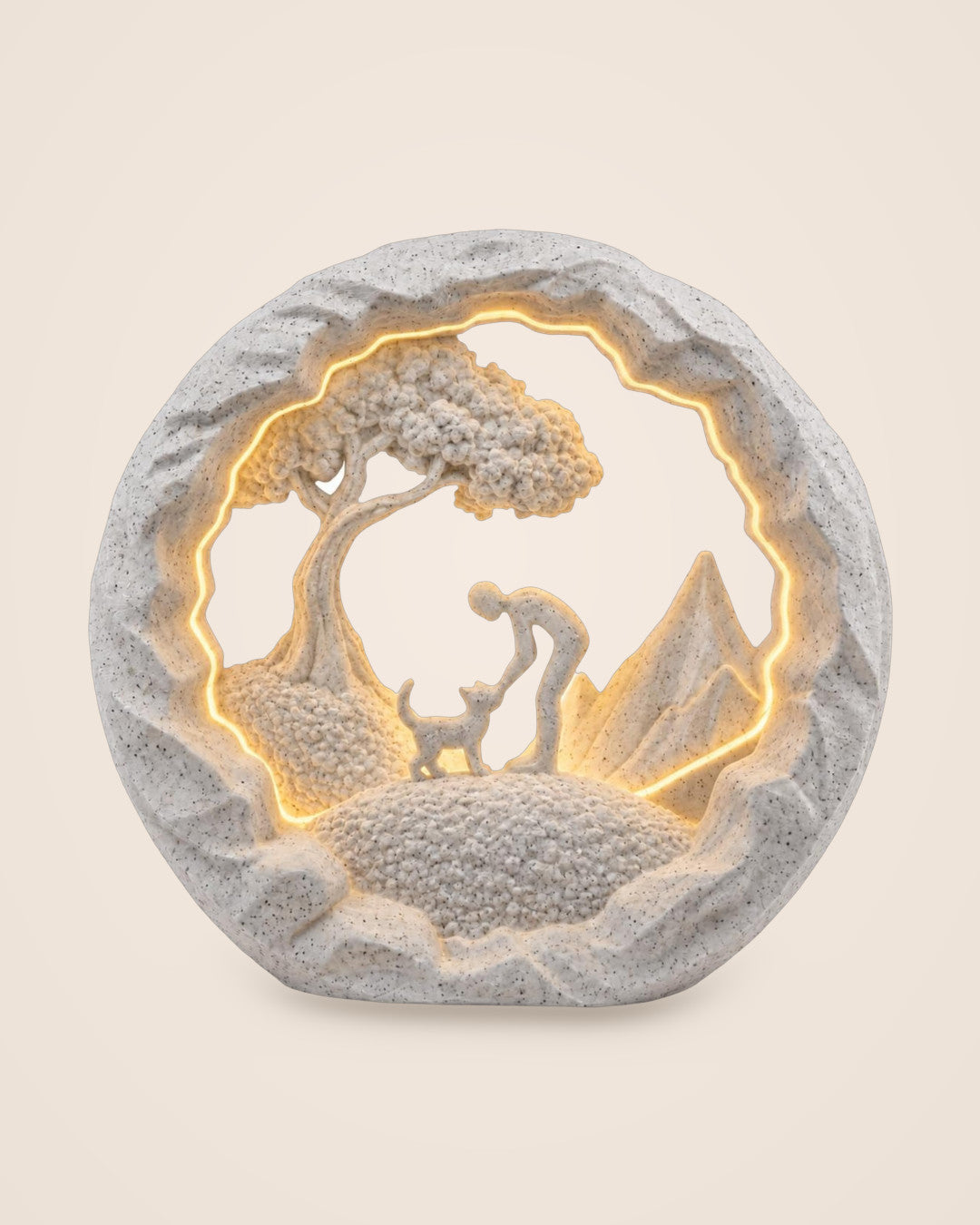 Best Friend Lamp: Circular marble-effect lamp: a quiet hello between a person and a cat