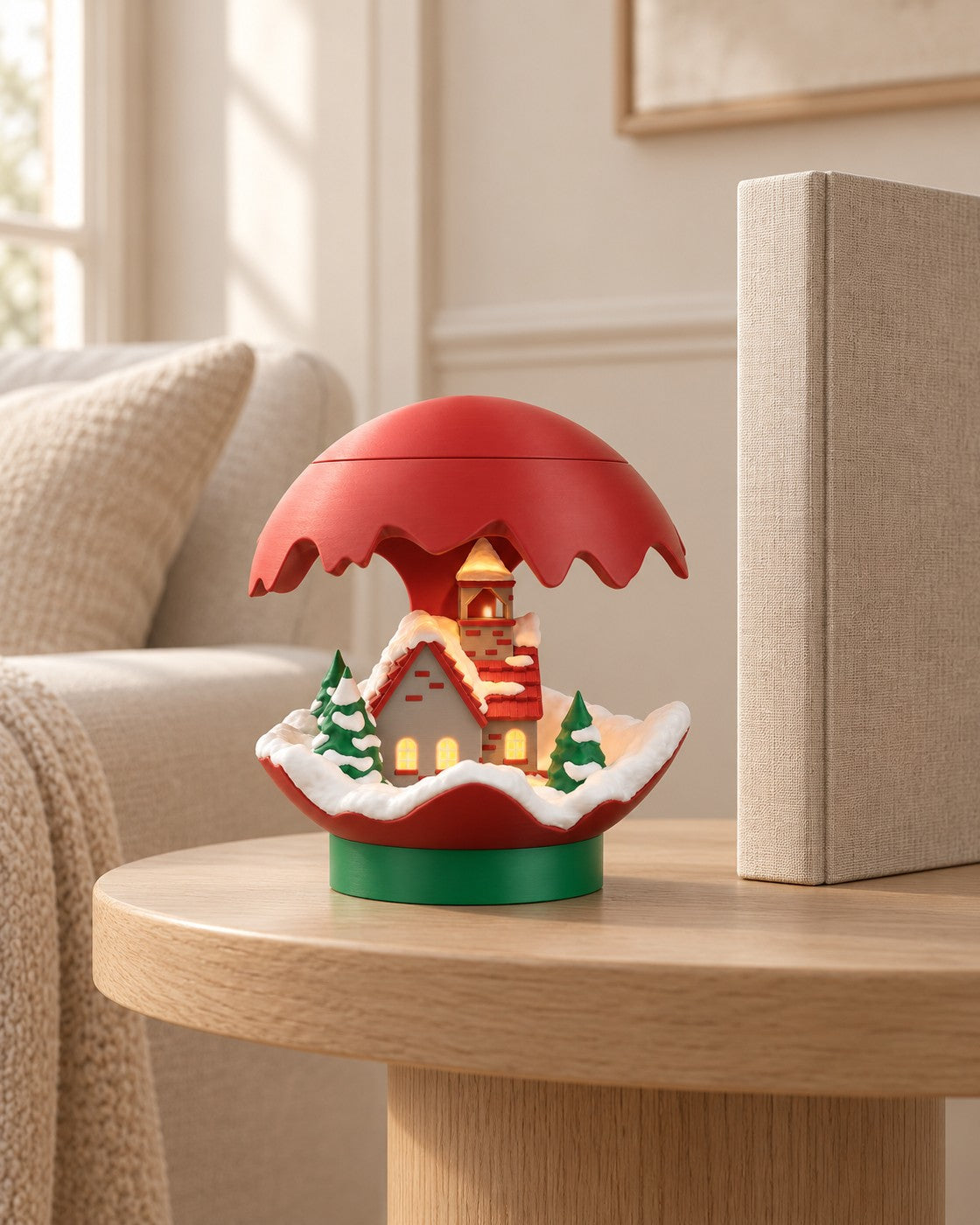 Winter's Glow Village Lamp in a calm, softly lit interior, shown at true scale