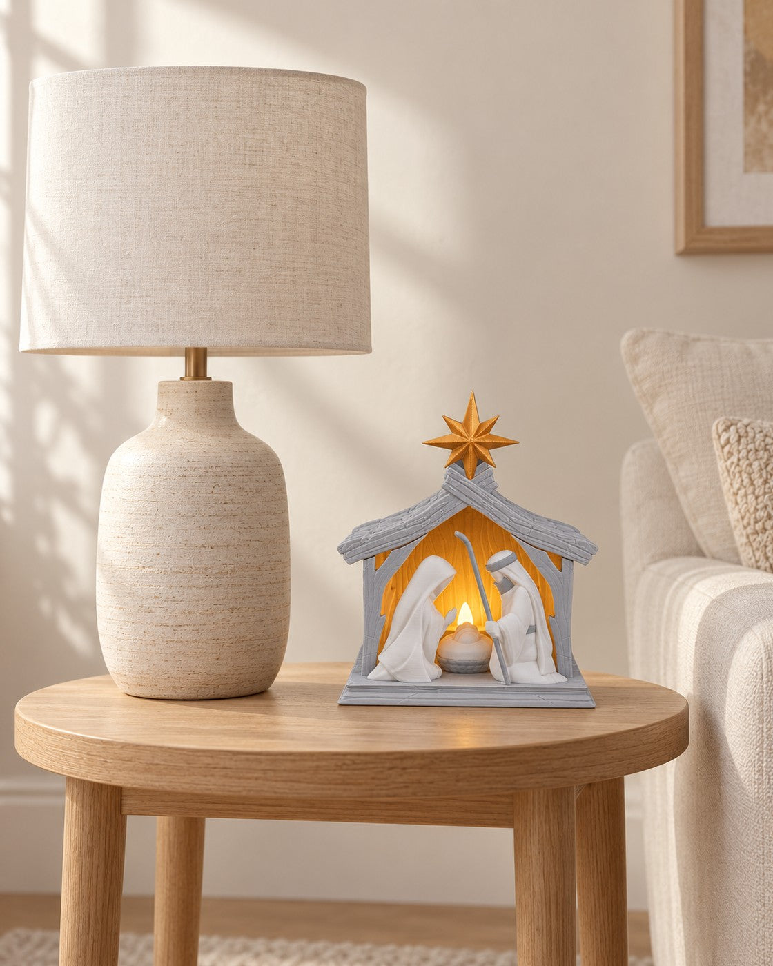 Illuminated Nativity Scene in a calm, softly lit interior, shown at true scale
