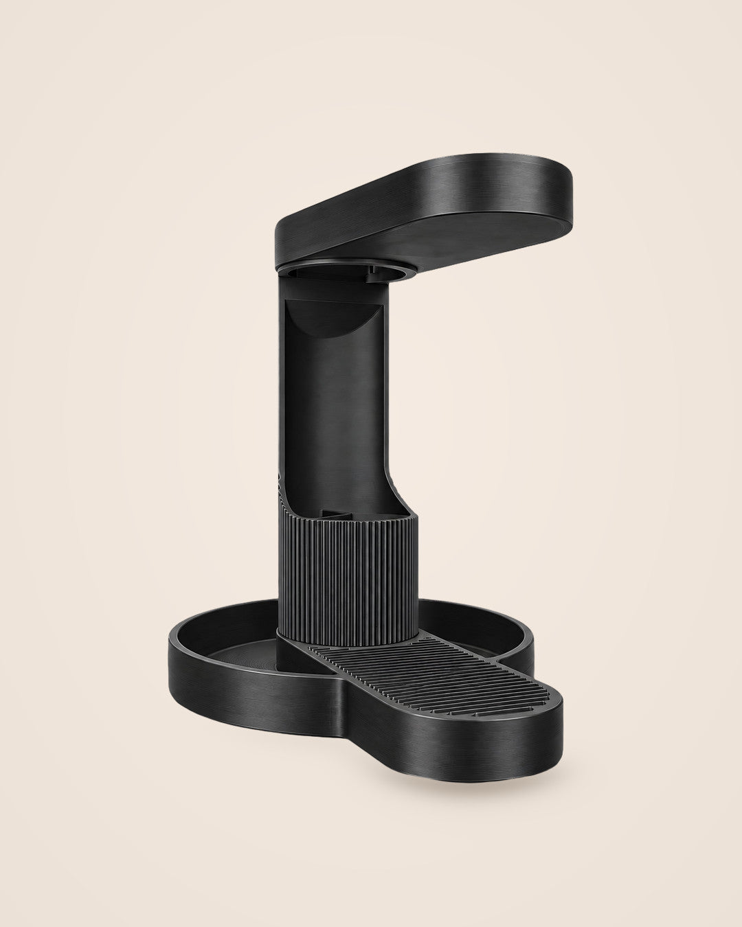 Tower Headphone Stand: Black PETG headphone stand with a ribbed pen pot and a phone tray