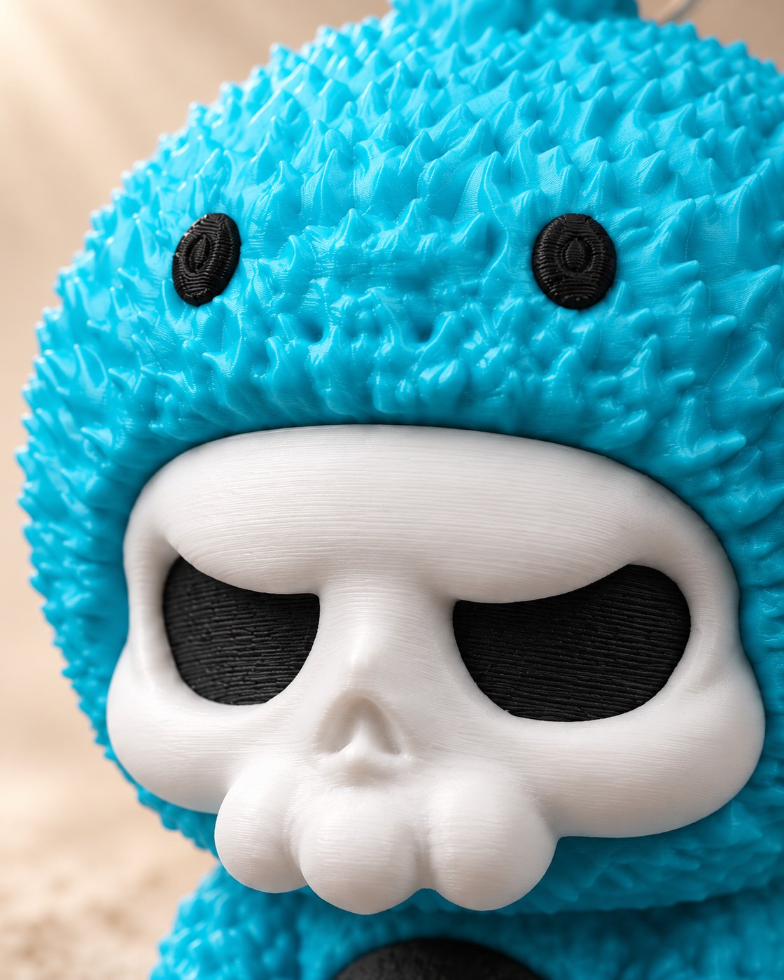 Close-up of the Chompy Skull Keyring showing fine printed layer lines