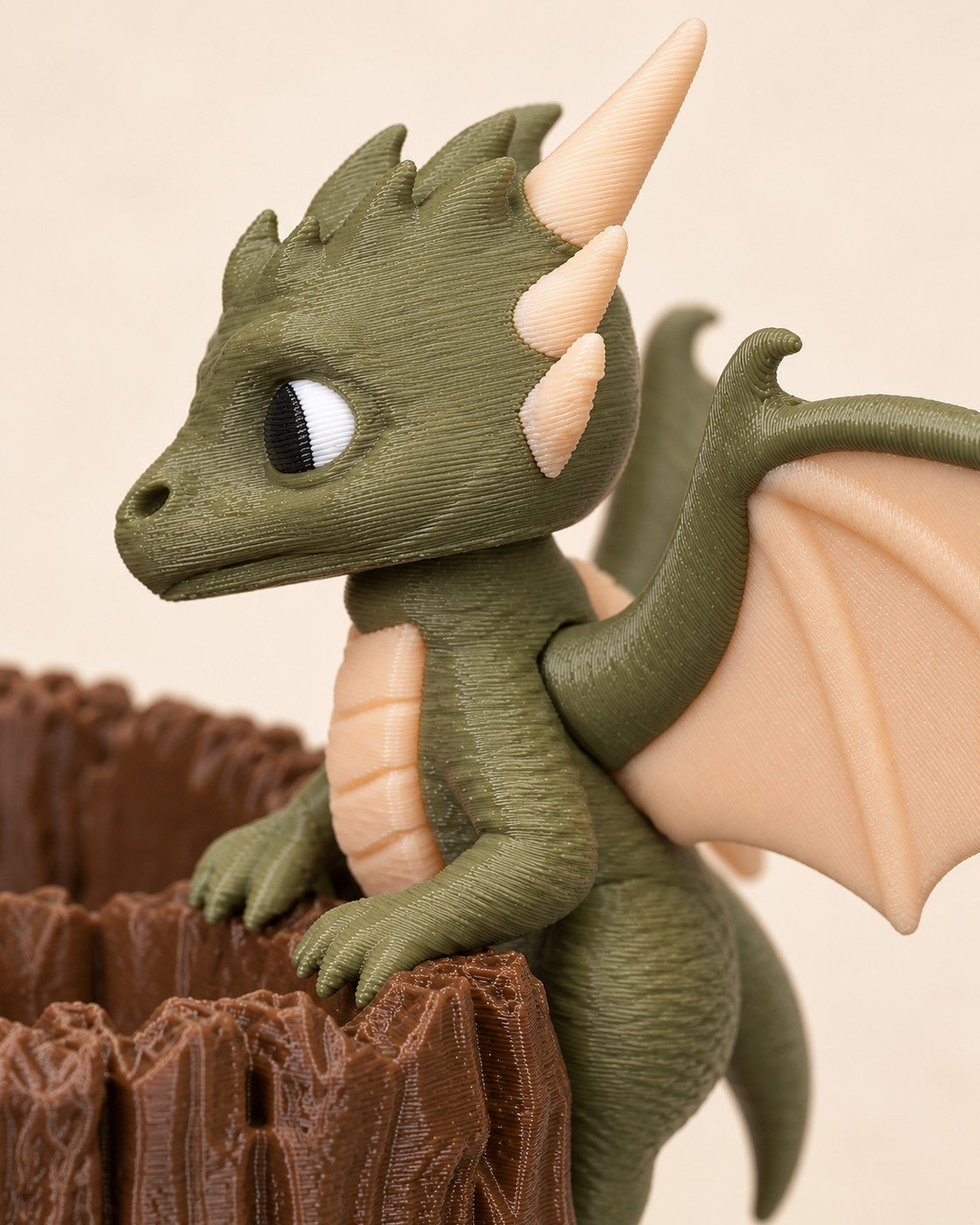 Close-up of the Baby Dragon Stump Planter showing fine printed layer lines