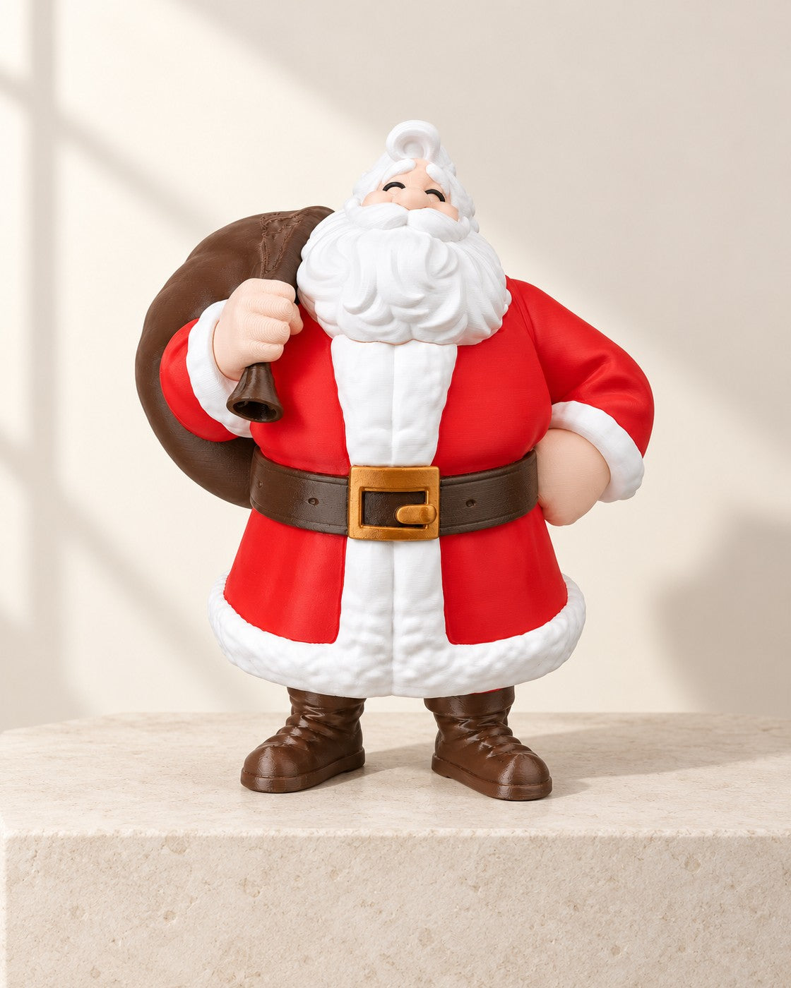 Traditional Santa Figurine on a pale limestone plinth, soft studio light