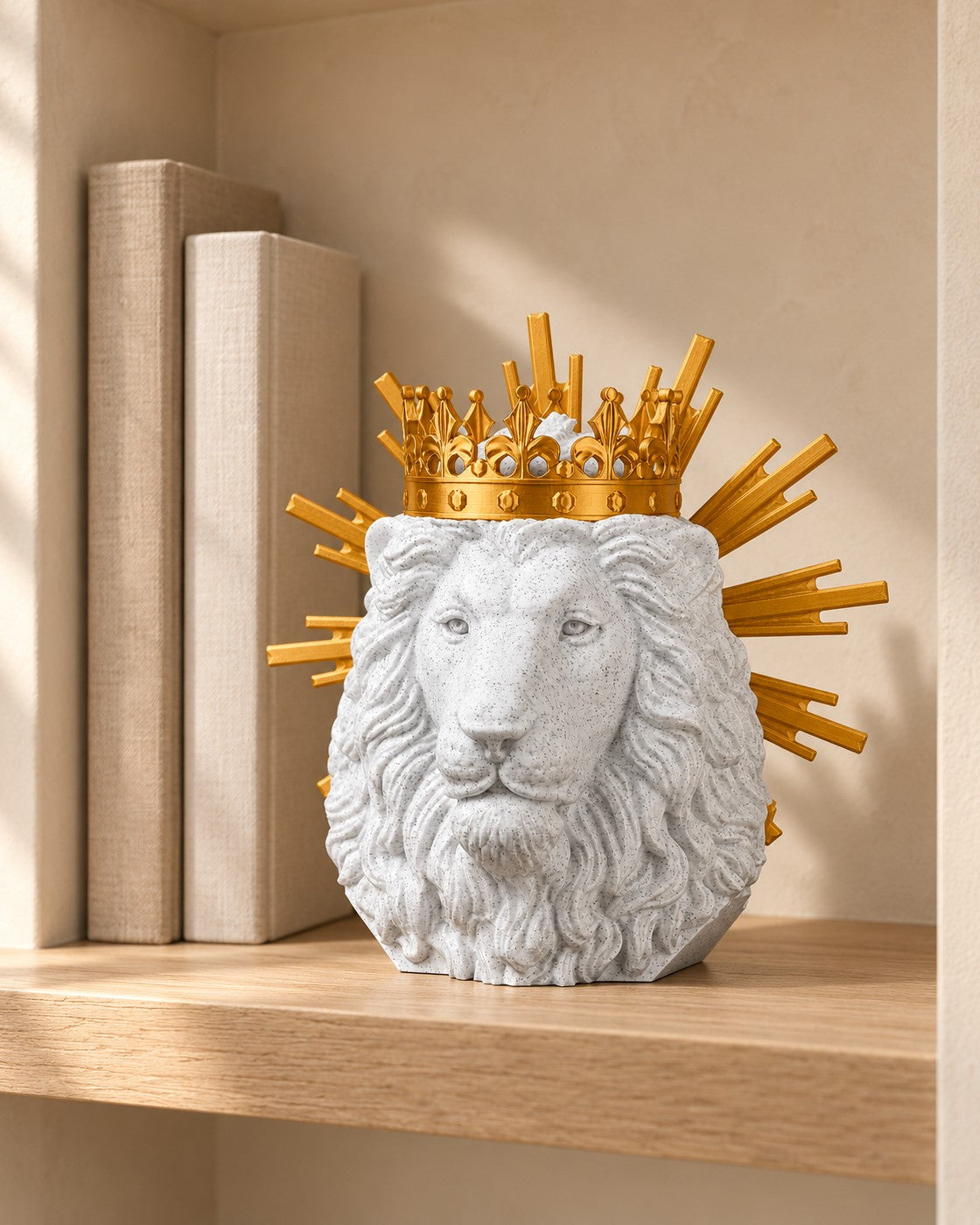 Lion of Judah Sculpture in a calm, softly lit interior, shown at true scale