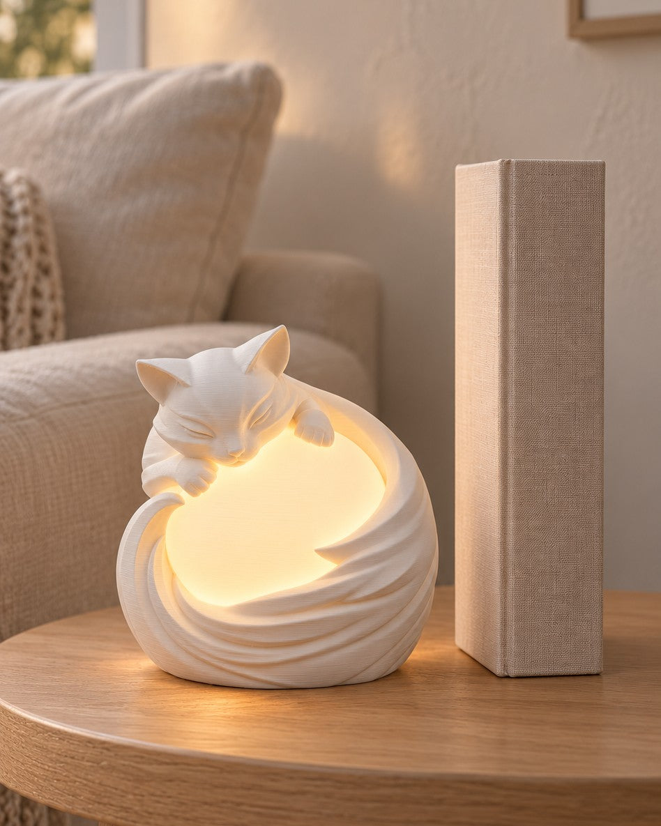 Sleeping Cat Lamp in a calm, softly lit interior, shown at true scale
