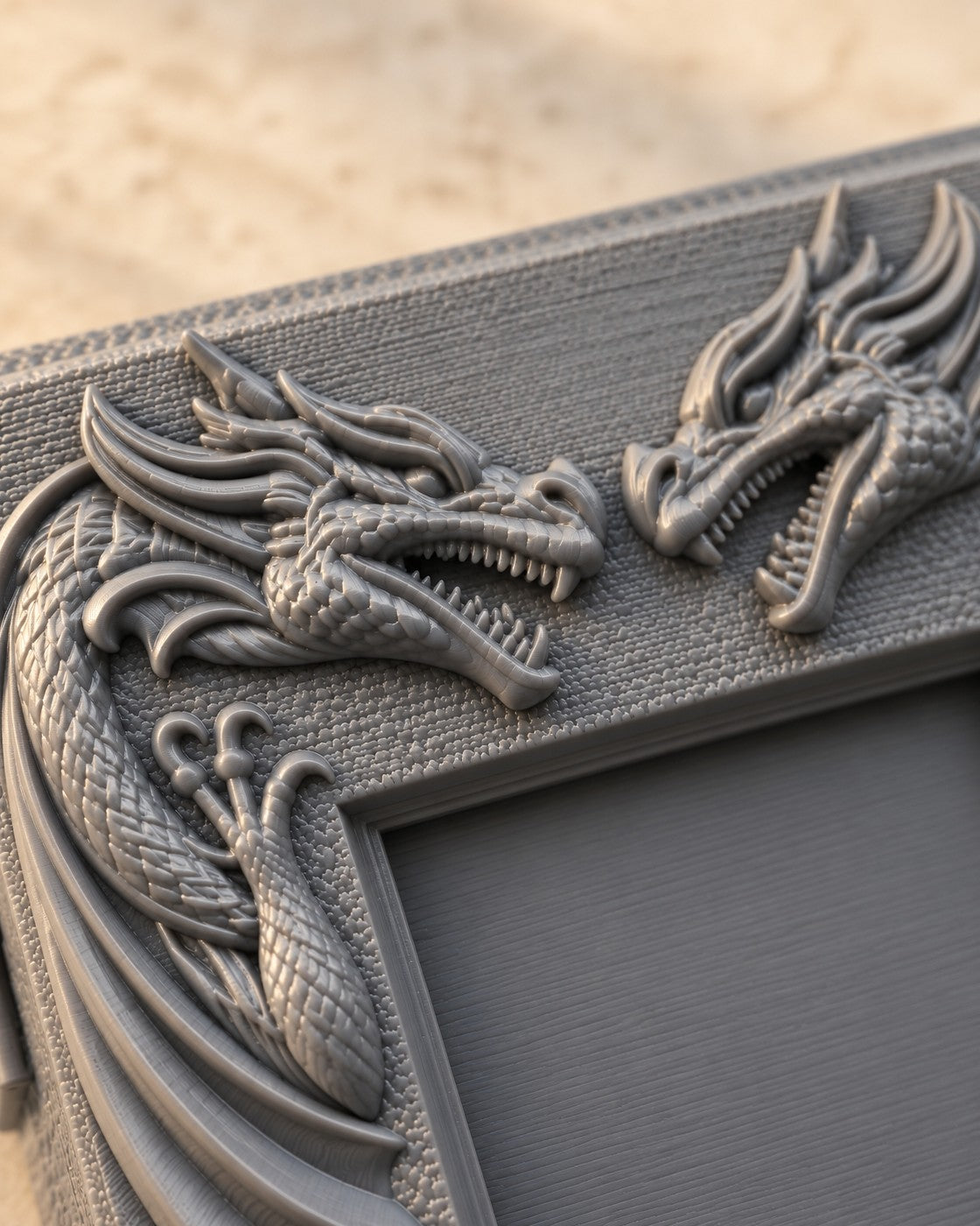 Close-up of the Guardian Dragon Deck Box showing fine printed layer lines