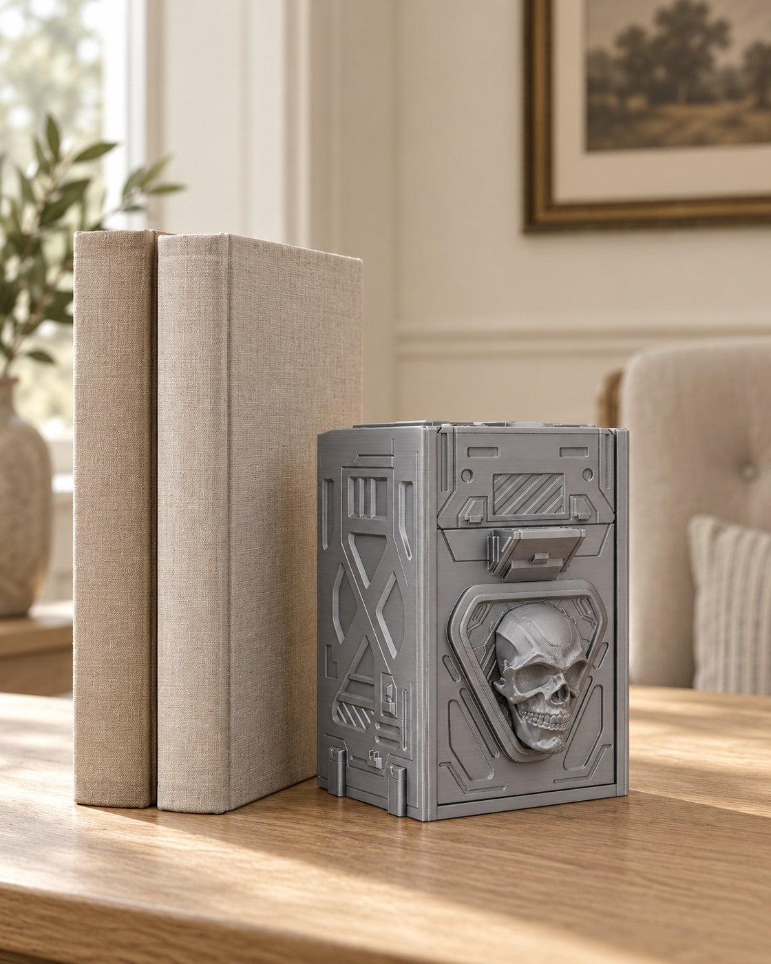 Skull Tilt Deck Box in a calm, softly lit interior, shown at true scale