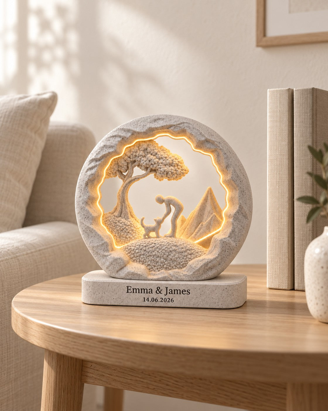 Best Friend Cat Lamp, Personalised in a calm, softly lit interior, shown at true scale