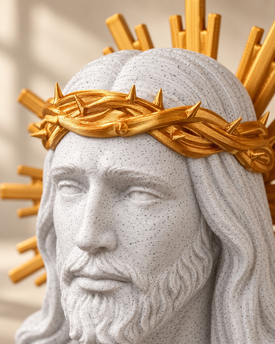 Close-up of the Sacred Bust with Gold Halo showing fine printed layer lines