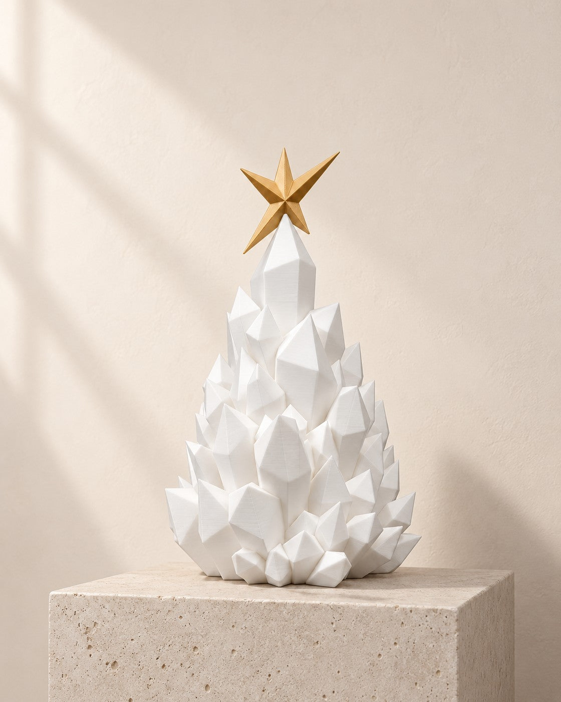 Crystal Tree Lamp on a pale limestone plinth, soft studio light