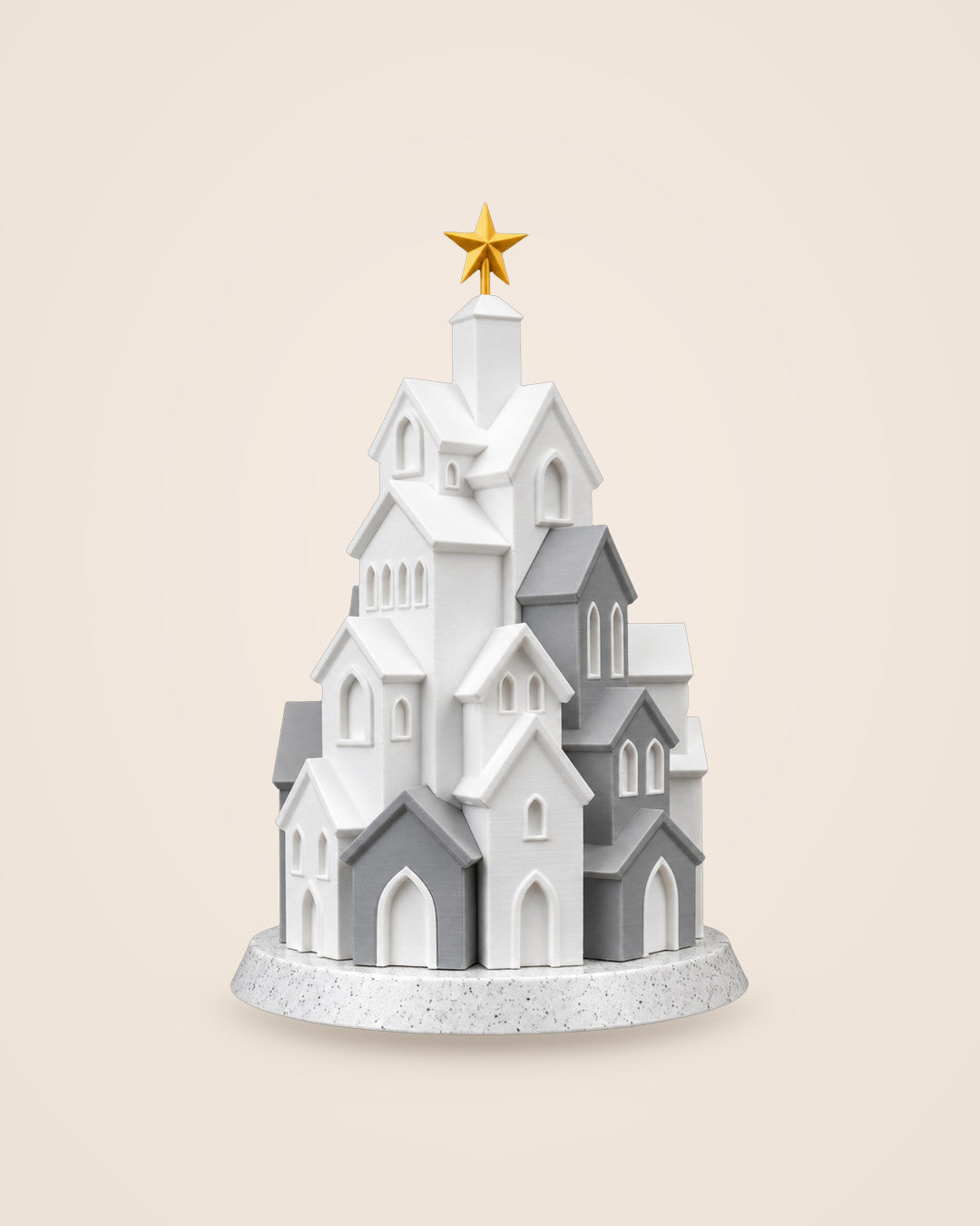 Winter Village Candle Light: White and grey houses beneath a gold-coloured star, with a flameless LED candle