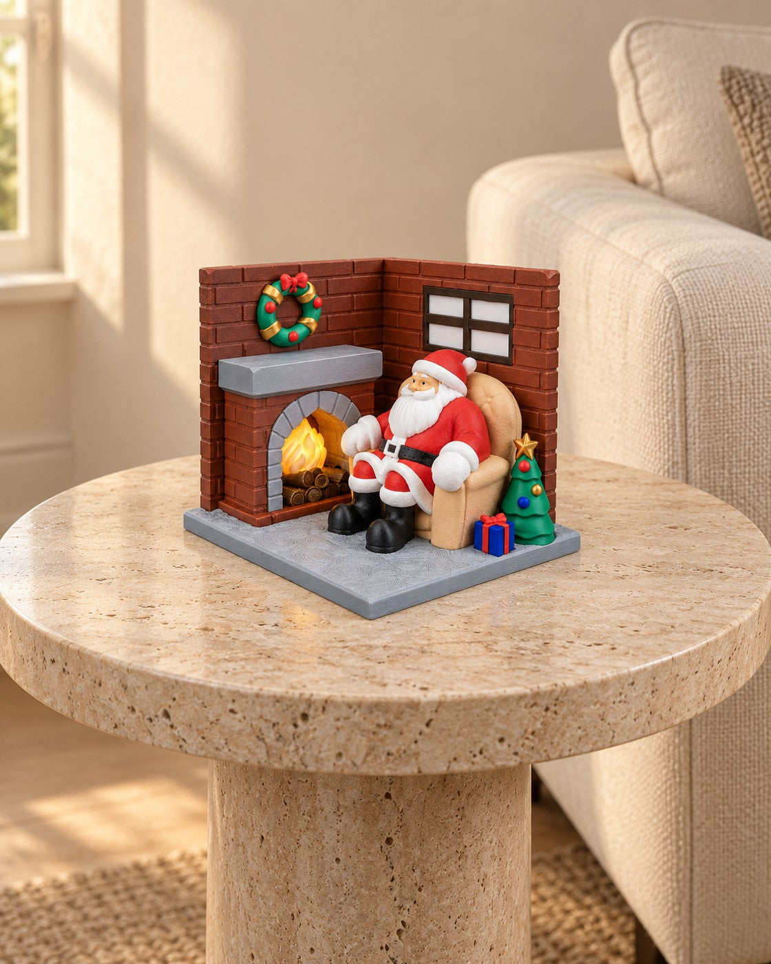 Santa Fireside Lamp in a calm, softly lit interior, shown at true scale