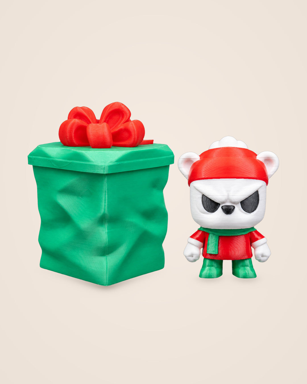 Festive Bear Gift Set: Red-hatted bear with a stubborn expression and a lidded gift container