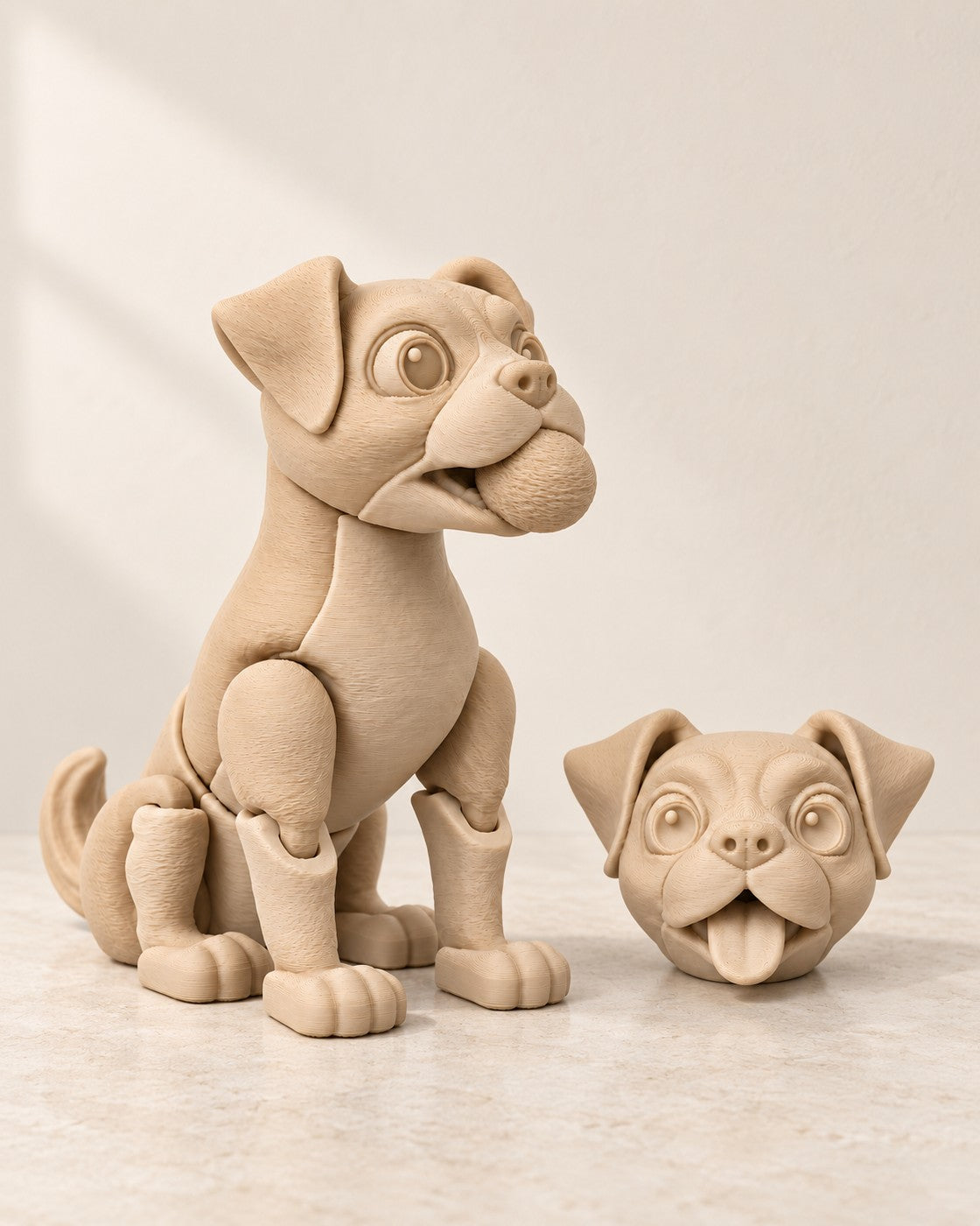 Boxer Dog with Swappable Heads on a pale limestone plinth, soft studio light