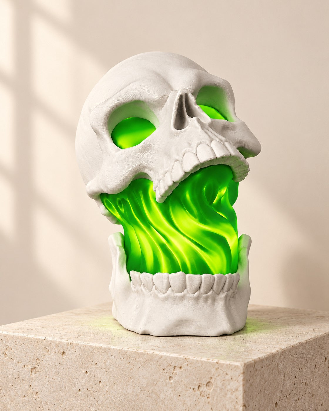 Green Glow Skull Lamp on a pale limestone plinth, soft studio light