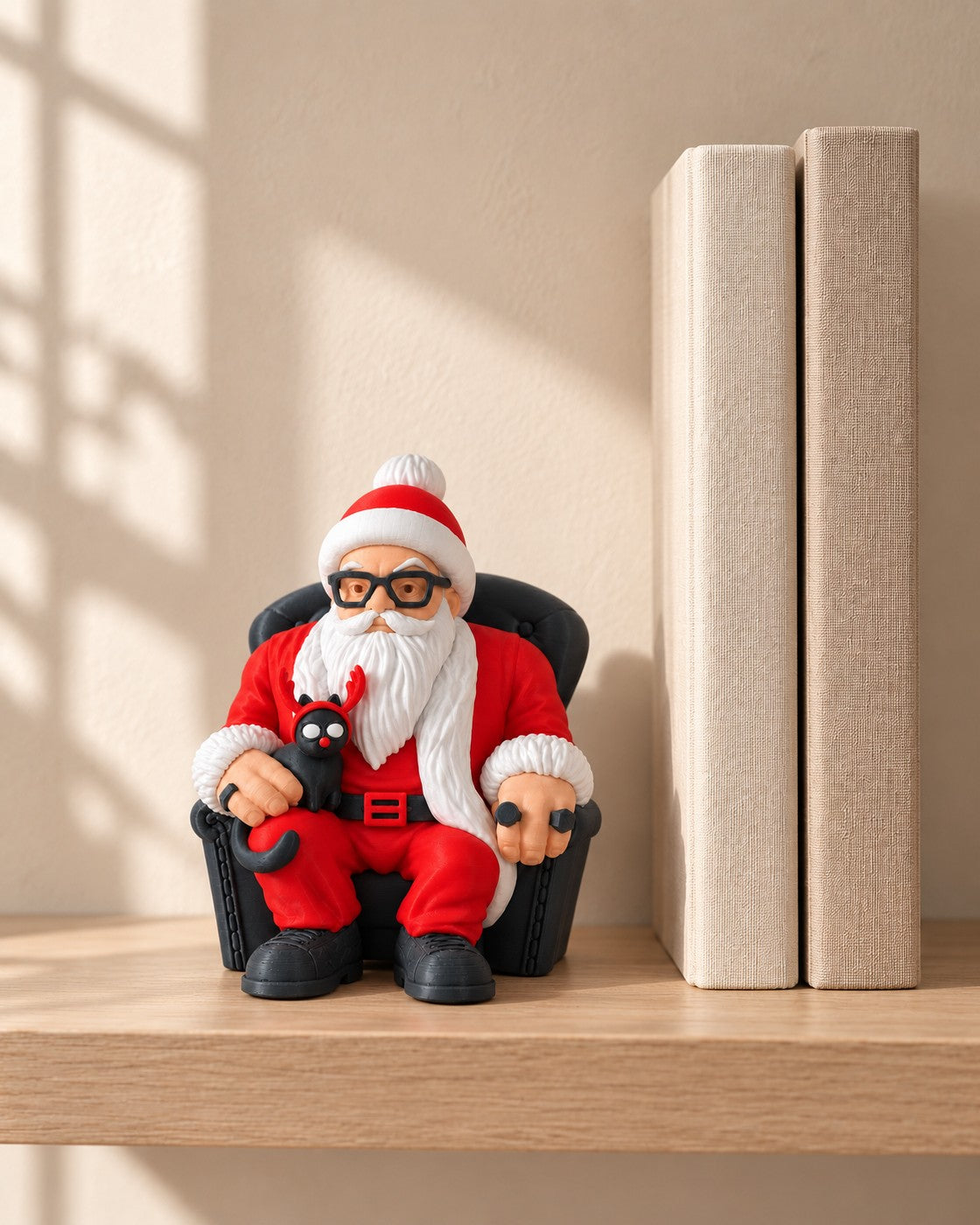 Cool Santa with Cat in a calm, softly lit interior, shown at true scale