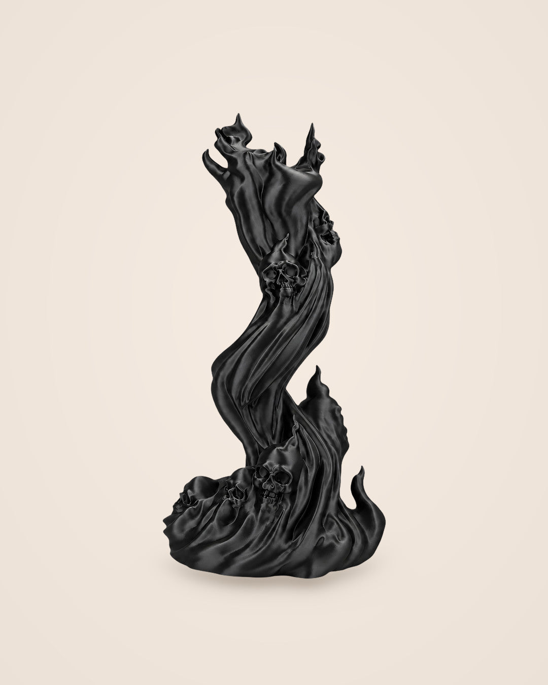 Flaming Skull Headphone Stand: A twisting column of sculpted flame in matte black
