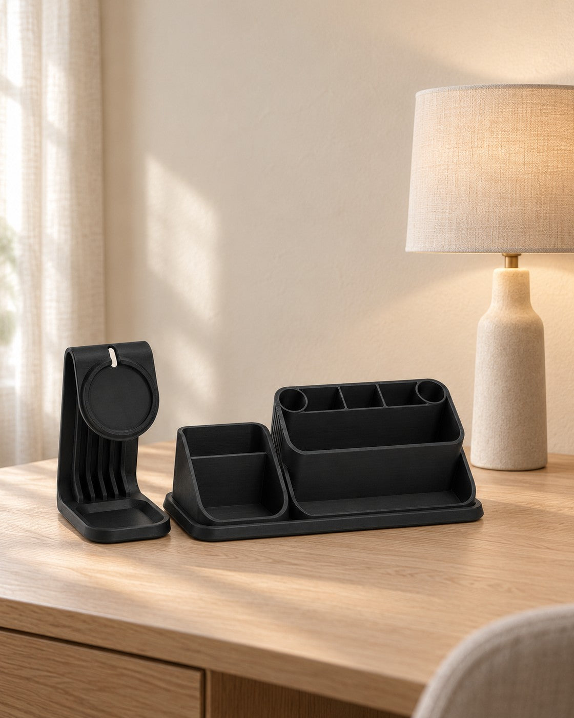 Modular Desk Organiser in a calm, softly lit interior, shown at true scale
