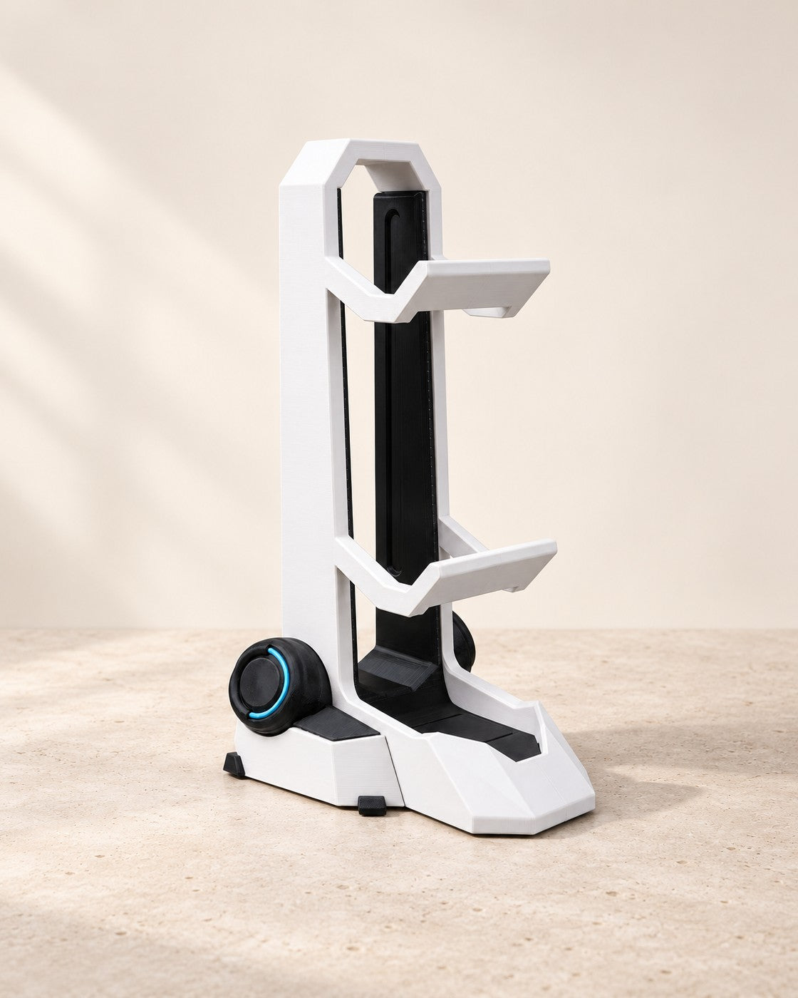 Twin Controller Stand on a pale limestone plinth, soft studio light