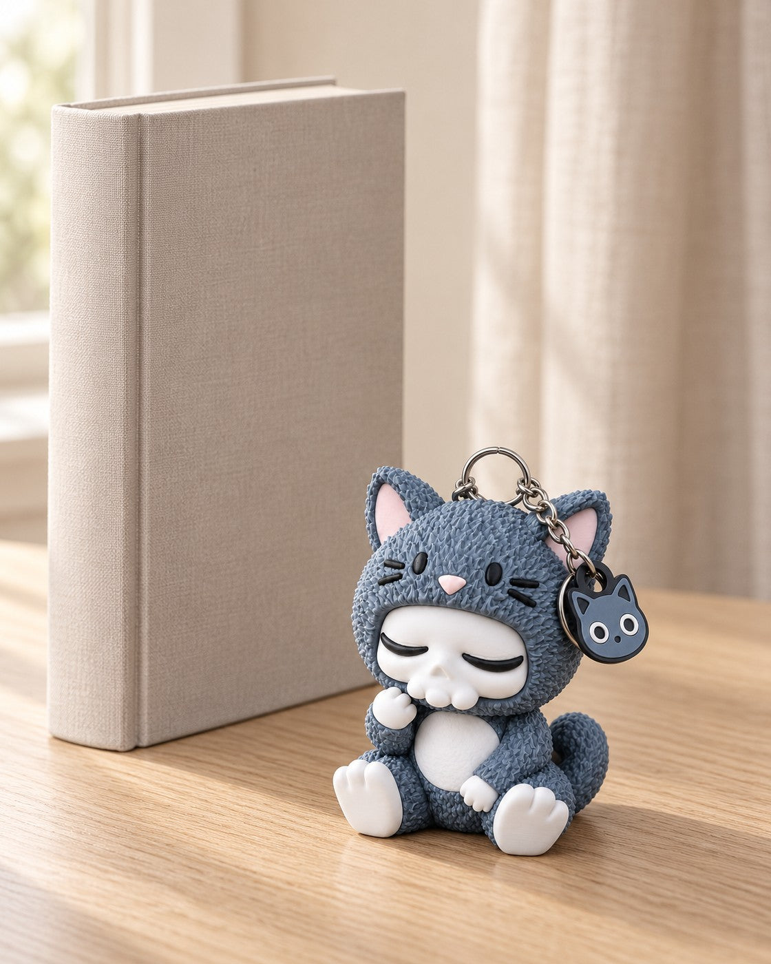 Sleepy Cat Skull Charm in a calm, softly lit interior, shown at true scale
