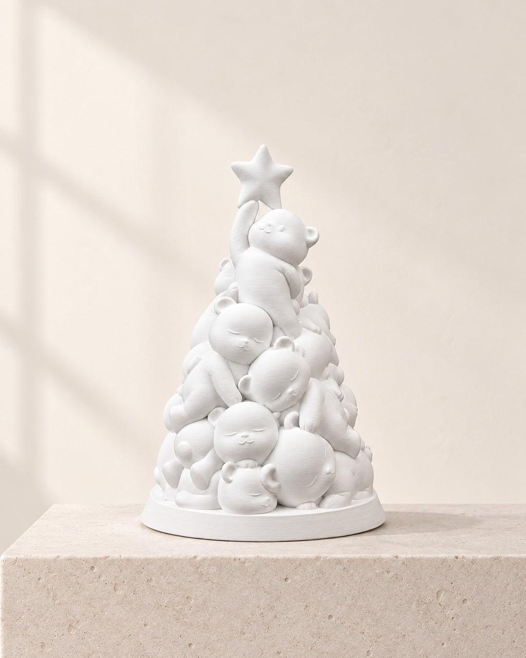 Stacked Bear Christmas Tree: Over twenty sleepy bears piled into a tree, in soft matte white