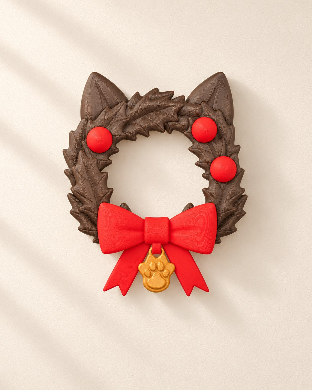 Cat Ears Christmas Wreath on a pale limestone plinth, soft studio light