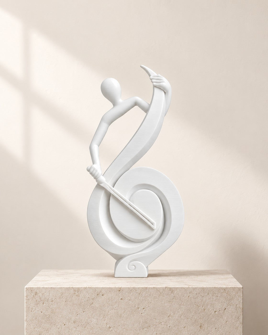 Treble Clef Vase on a pale limestone plinth, soft studio light