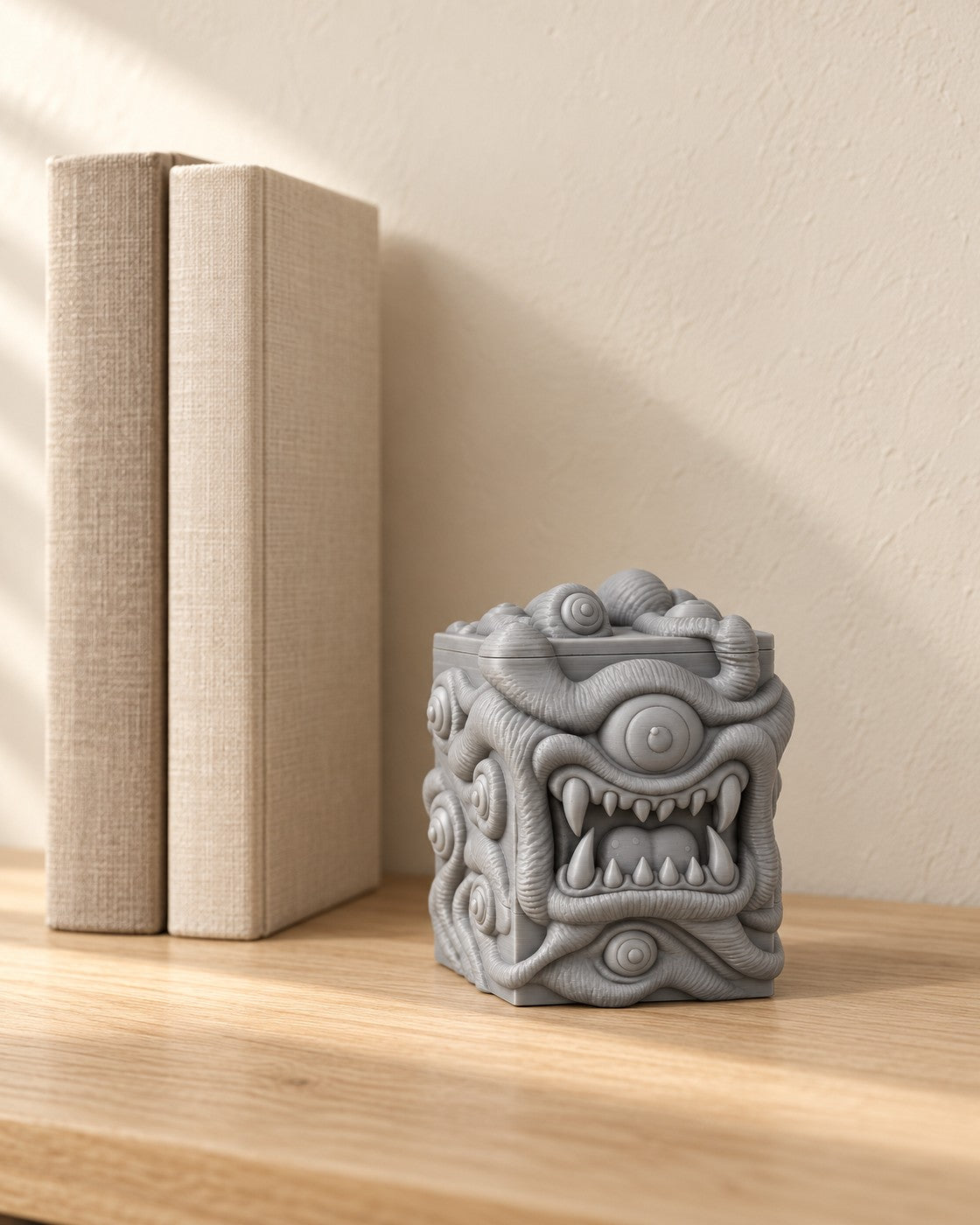 All-Seer Deck Box in a calm, softly lit interior, shown at true scale