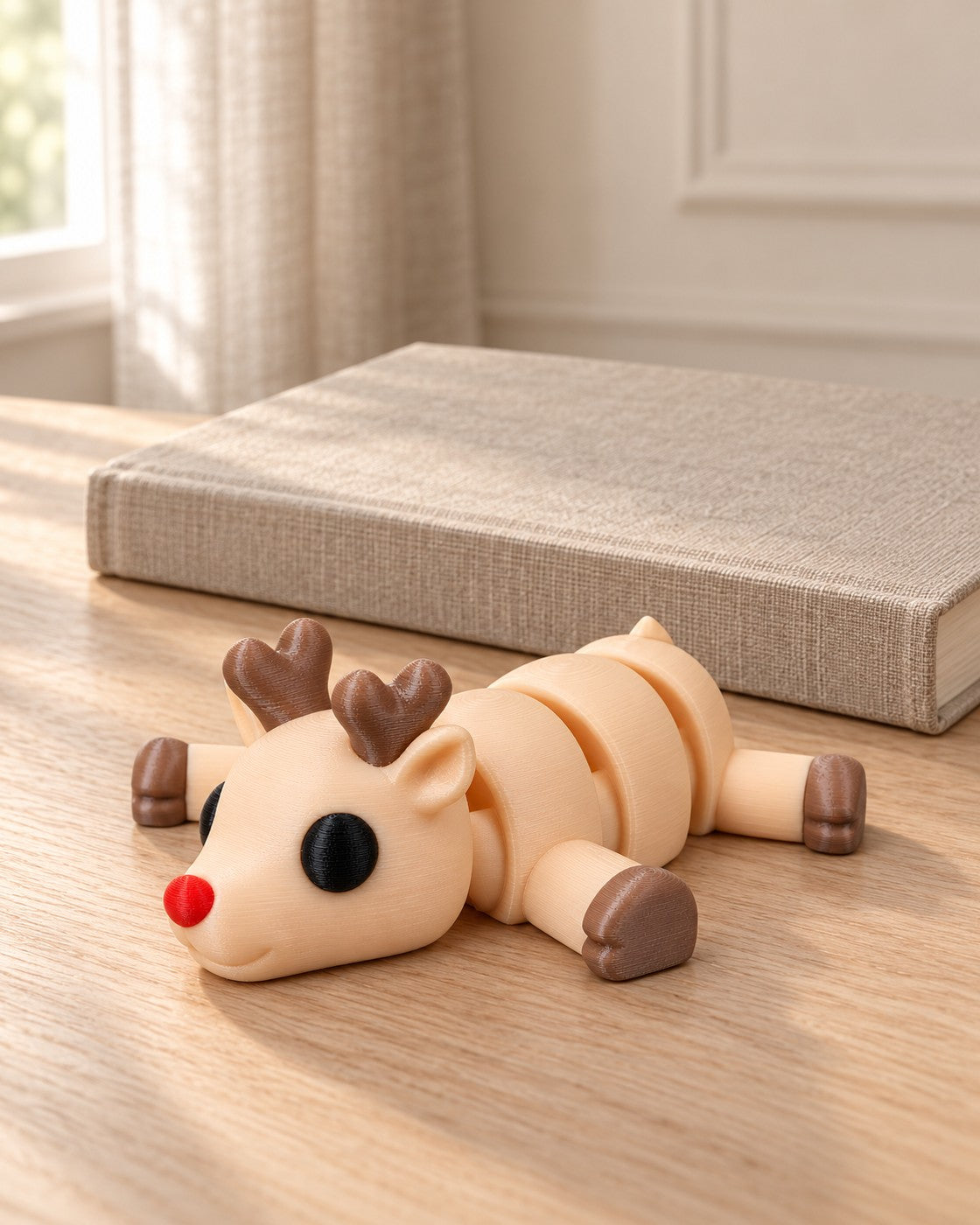 Resting Reindeer Figurine in a calm, softly lit interior, shown at true scale