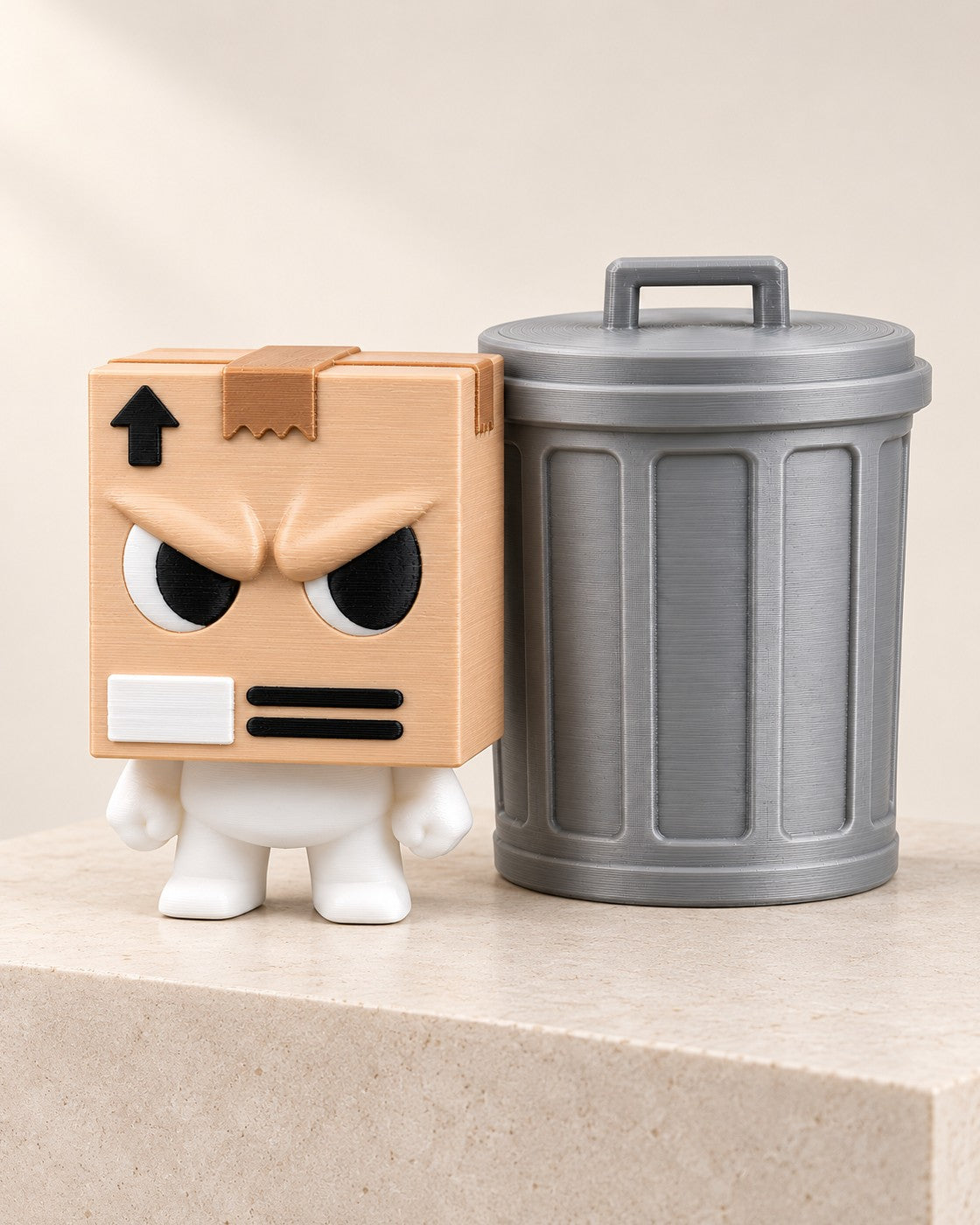 Grumpy Parcel Figurine on a pale limestone plinth, soft studio light
