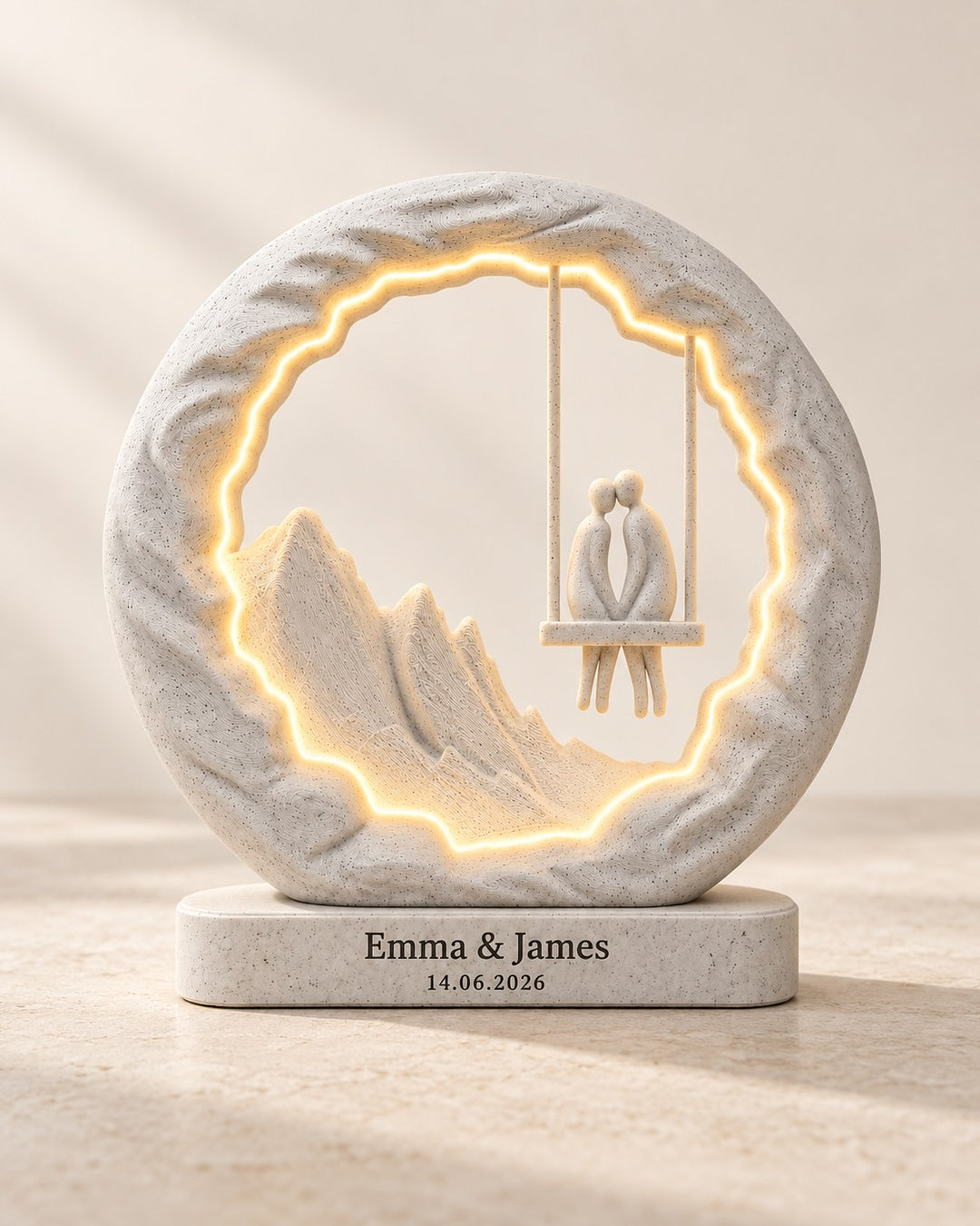 Swing for Two Lamp: Personalised marble-effect lamp with an engraved plinth